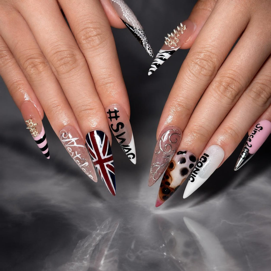 4th of July Press On Nails Long Stiletto • USA Holiday Look •Red White Blue Animal Print Stiletto Fake Nails|  JB421LC