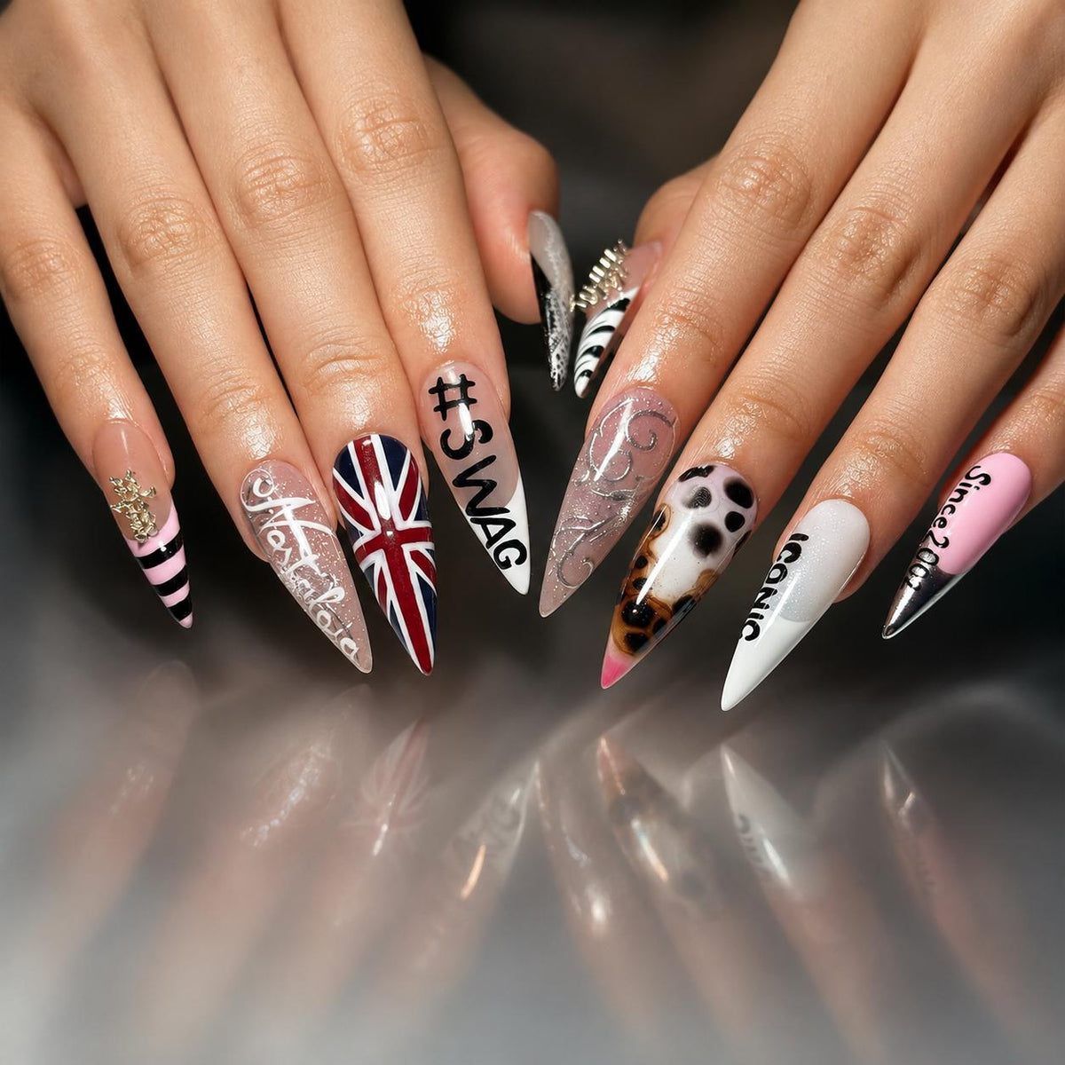 4th of July Press On Nails Long Stiletto • USA Holiday Look •Red White Blue Animal Print Stiletto Fake Nails|  JB421LC