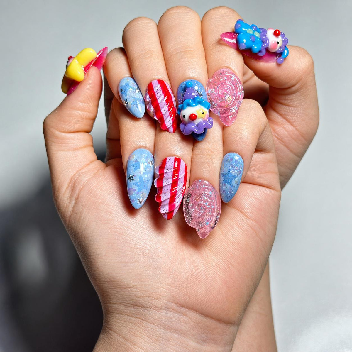 Clown Press On Nails Almond • Pink Blue Kawaii 3D Clown Star Candy Swirl Glitter Fake Nails • Cute Birthday Gift for Her  | JA431LC