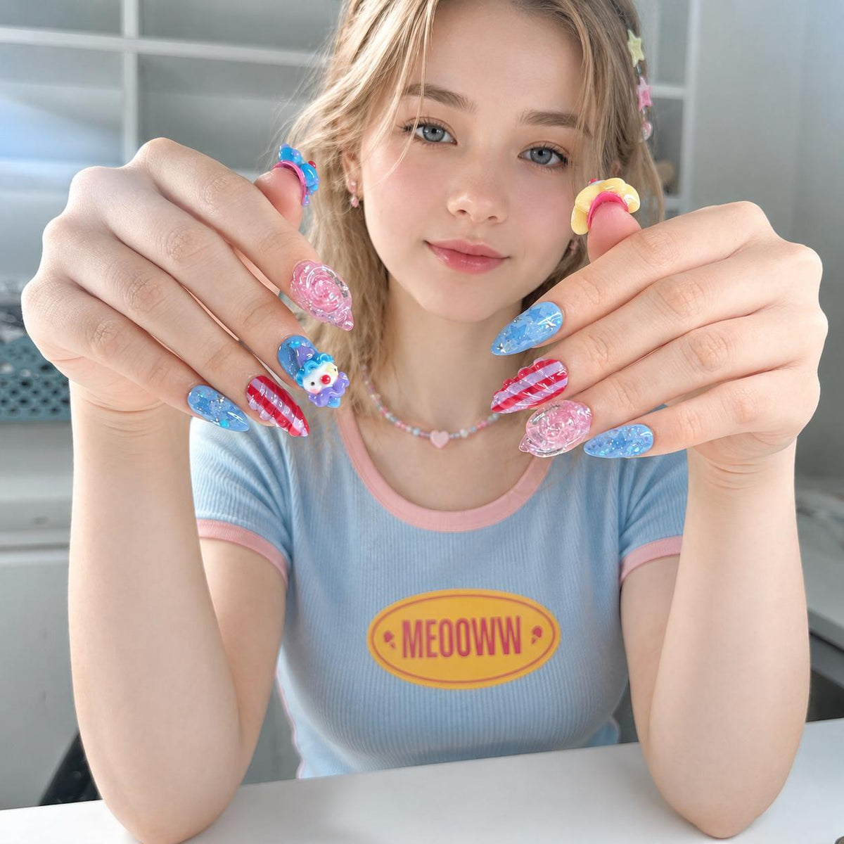 Clown Press On Nails Almond • Pink Blue Kawaii 3D Clown Star Candy Swirl Glitter Fake Nails • Cute Birthday Gift for Her  | JA431LC