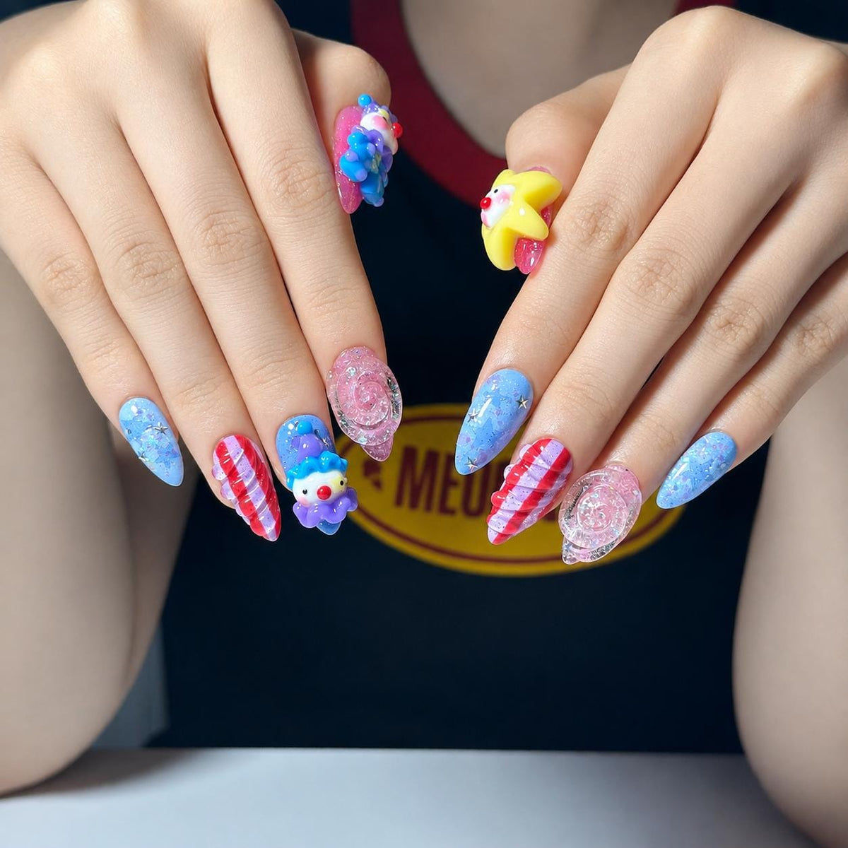 Clown Press On Nails Almond • Pink Blue Kawaii 3D Clown Star Candy Swirl Glitter Fake Nails • Cute Birthday Gift for Her  | JA431LC