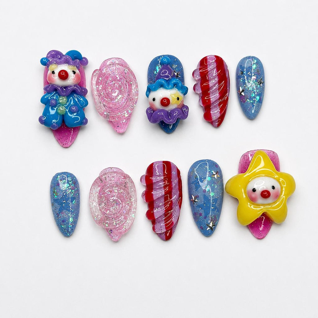 Clown Press On Nails Almond • Pink Blue Kawaii 3D Clown Star Candy Swirl Glitter Fake Nails • Cute Birthday Gift for Her  | JA431LC