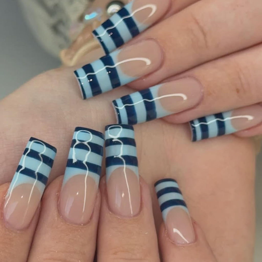 Blue French Tip Press On Nails, Navy Stripe Coastal Summer Nails