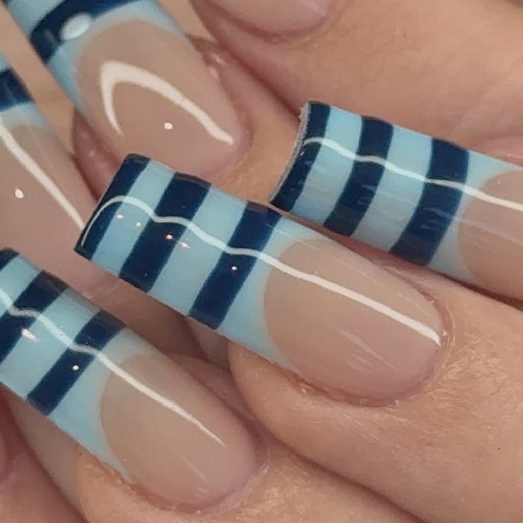 Blue French Tip Press On Nails, Navy Stripe Coastal Summer Nails