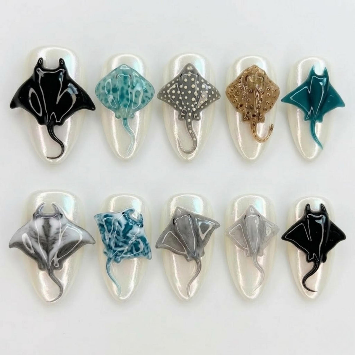 3D Stingray Press On Nails, Pearl Ocean Nail Set, Manta Ray Sea Life Nails, Coastal Handmade Summer Nails