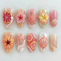 Beach Sunset Press On Nails | Tropical Almond Nails | Grapefruit, Sea Turtle, Plumeria & Shell Nail Art | Summer Vacation Nails