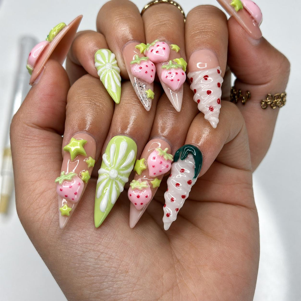 Kawaii Strawberry Press On Nails | Handmade Fruit Nails, Green Bow Nails, Y2K Cute Nails, Salon Quality Reusable Nailsr  | JB432LG
