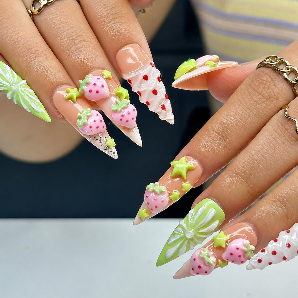 Kawaii Strawberry Press On Nails | Handmade Fruit Nails, Green Bow Nails, Y2K Cute Nails, Salon Quality Reusable Nailsr  | JB432LG