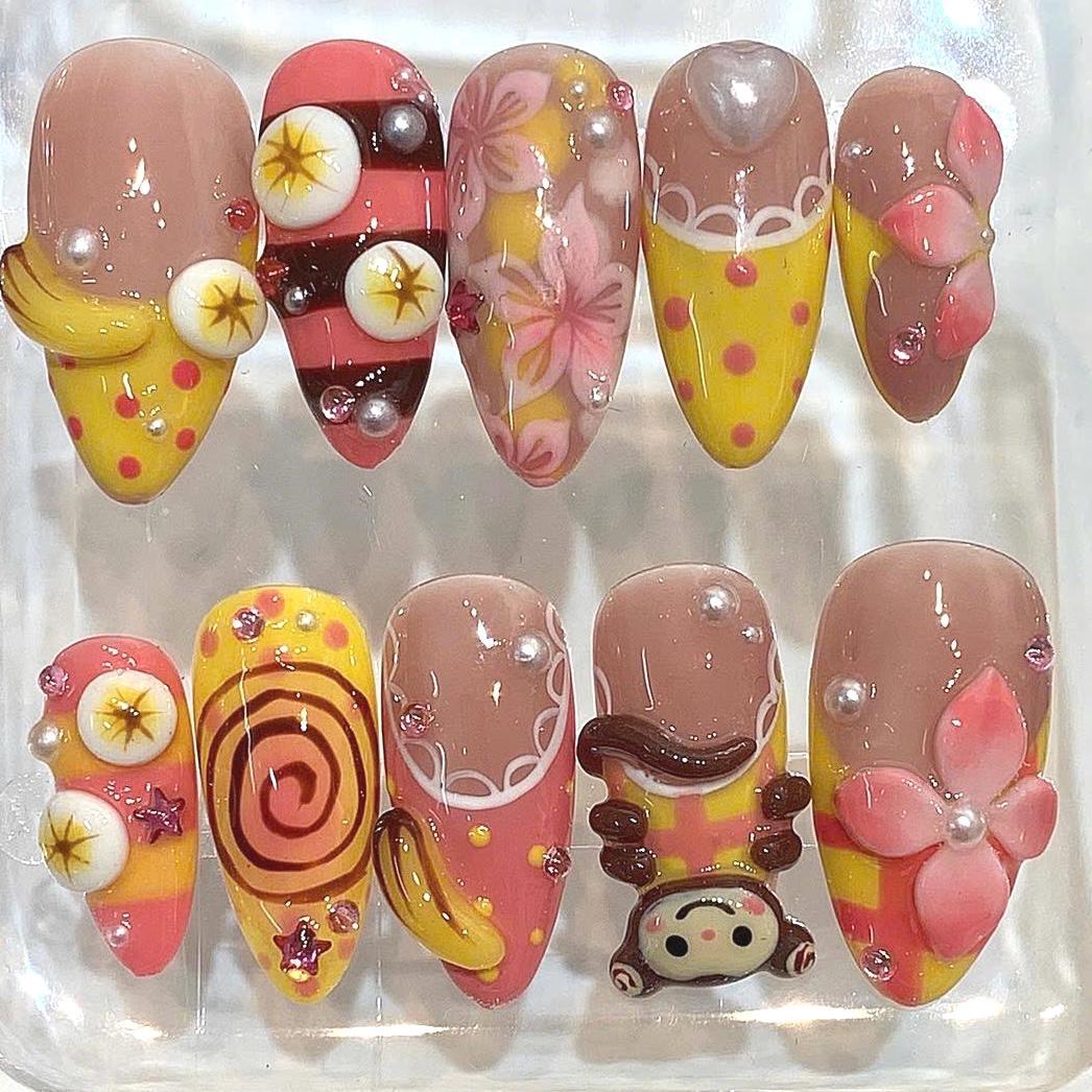 Kawaii Banana 3D Flower Press On Nails, Pink Yellow Fruit Art, Monkey Nail Art