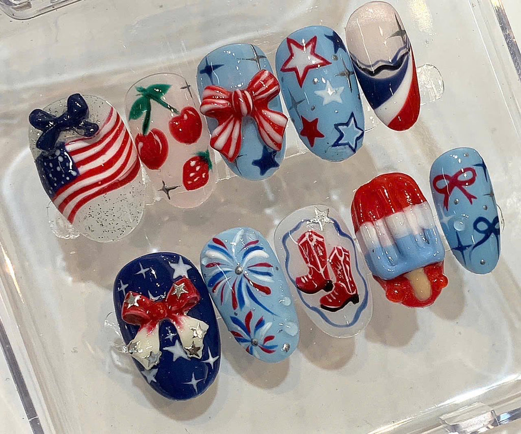American Flag Red White Blue Nail Set | Cowboy Boots, Fireworks & Popsicle | Handmade Reusable Nails