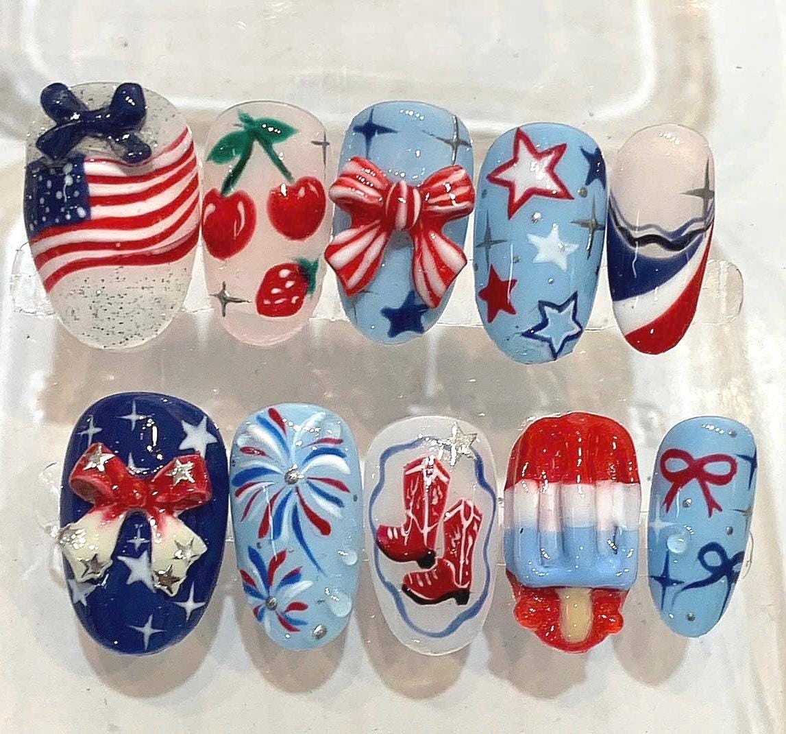 American Flag Red White Blue Nail Set | Cowboy Boots, Fireworks & Popsicle | Handmade Reusable Nails