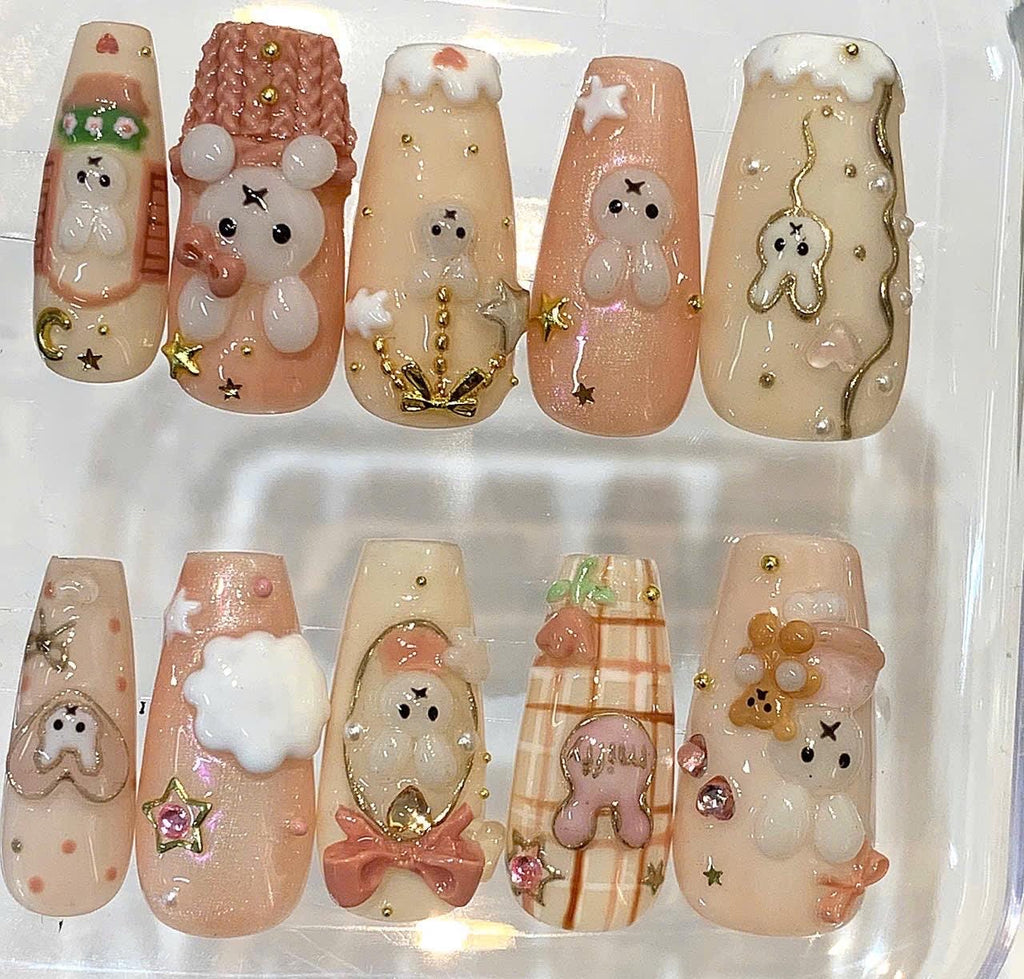 3D Bunny Rabbit Press On Nails, Kawaii Bear Coquette Bow Art