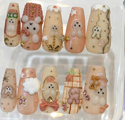 3D Bunny Rabbit Press On Nails, Kawaii Bear Coquette Bow Art