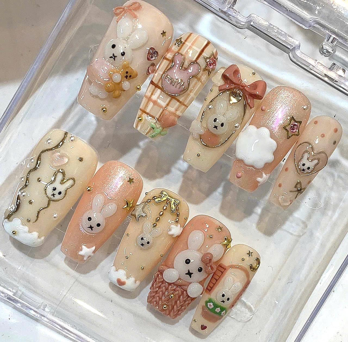 3D Bunny Rabbit Press On Nails, Kawaii Bear Coquette Bow Art