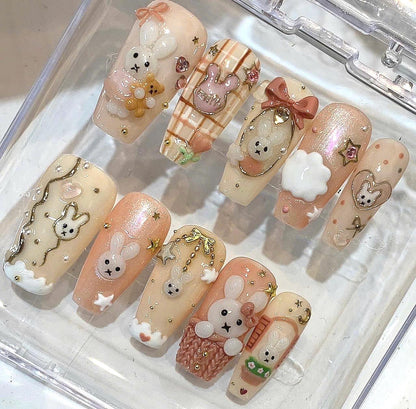 3D Bunny Rabbit Press On Nails, Kawaii Bear Coquette Bow Art