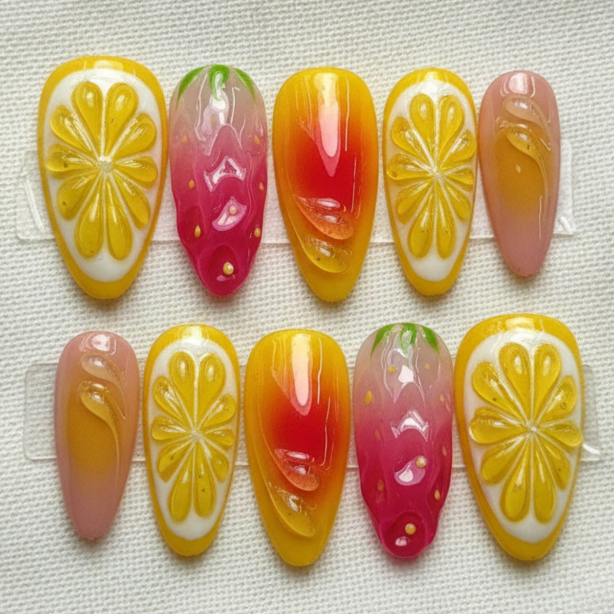 Kawaii Fruit Press On Nails, 3D Lemon Orange Strawberry Nails, Handmade Colorful Summer Nail Designs