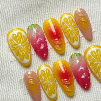 Kawaii Fruit Press On Nails, 3D Lemon Orange Strawberry Nails, Handmade Colorful Summer Nail Designs