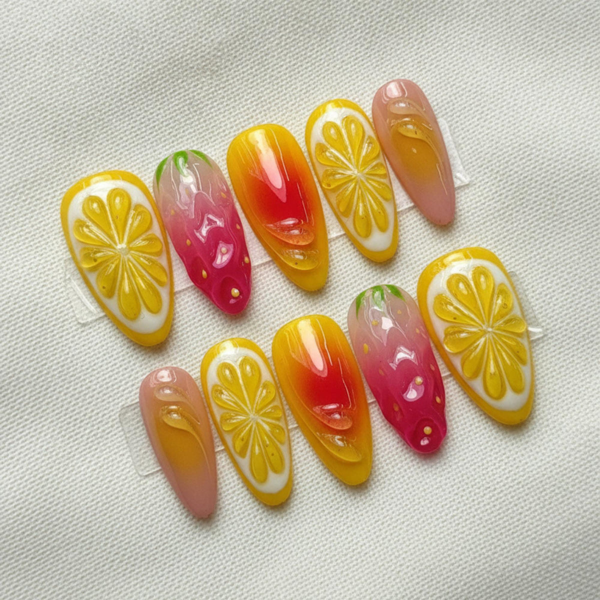 Kawaii Fruit Press On Nails, 3D Lemon Orange Strawberry Nails, Handmade Colorful Summer Nail Designs