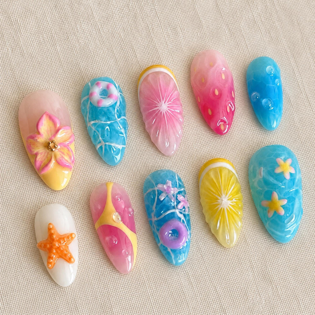 Beach Vacation Press On Nails, Ocean Citrus Summer Nail Set