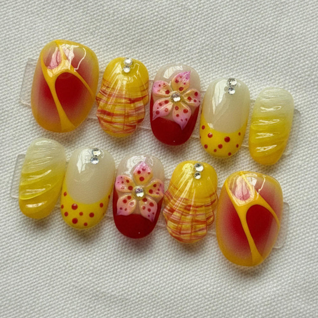 Citrus Flower Vacation Nail Set. Lemon Summer Press On Nails