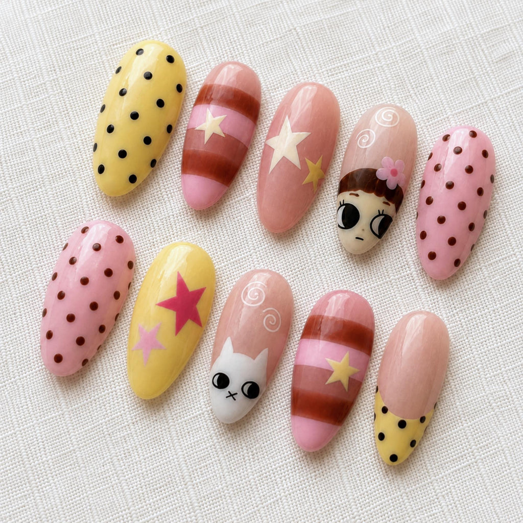 Pastel Cat Cartoon Nail Art, Kawaii Polka Dot Press On Nails