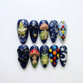 Fairy Frog Press On Nails | 3D Mushroom, Garden Gnome & Celestial Moon Fake Nails | Magical Midnight Stiletto Nail Set