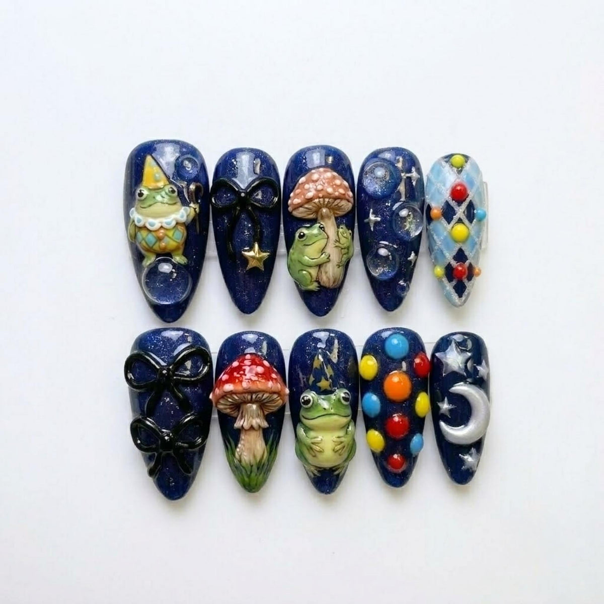 Fairy Frog Press On Nails | 3D Mushroom, Garden Gnome & Celestial Moon Fake Nails | Magical Midnight Stiletto Nail Set