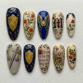 Medieval Royal Crest Press On Nails | Sword, Shield, Crown & Heraldic Floral Long Almond Fake Nails | Handmade Gothic Fantasy Nail Set