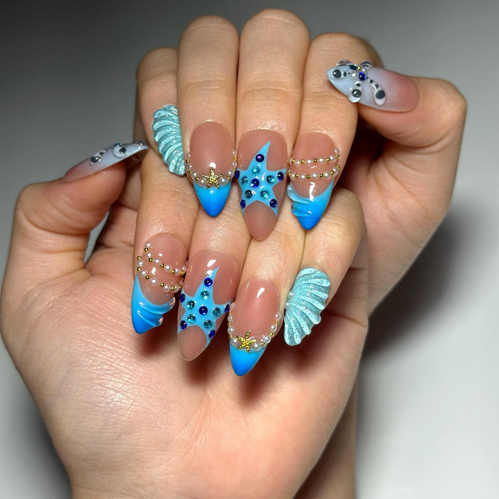 Summer Beach Press On Nails Almond • Vacation Holiday Nails • 3D Blue Starfish Pearl Seashell Tropical Ocean Handmade Fake Nails| JB422LC