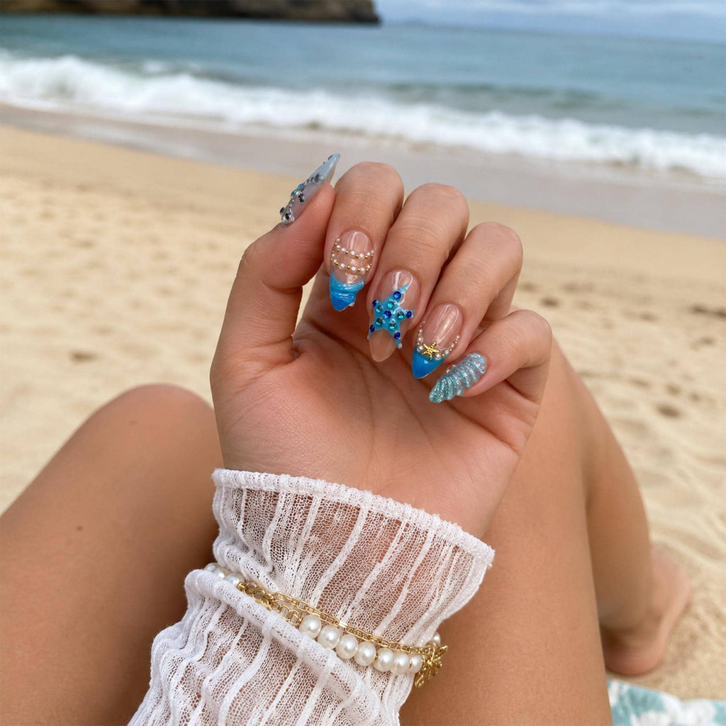 Summer Beach Press On Nails Almond • Vacation Holiday Nails • 3D Blue Starfish Pearl Seashell Tropical Ocean Handmade Fake Nails| JB422LC