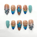 Summer Beach Press On Nails Almond • Vacation Holiday Nails • 3D Blue Starfish Pearl Seashell Tropical Ocean Handmade Fake Nails| JB422LC