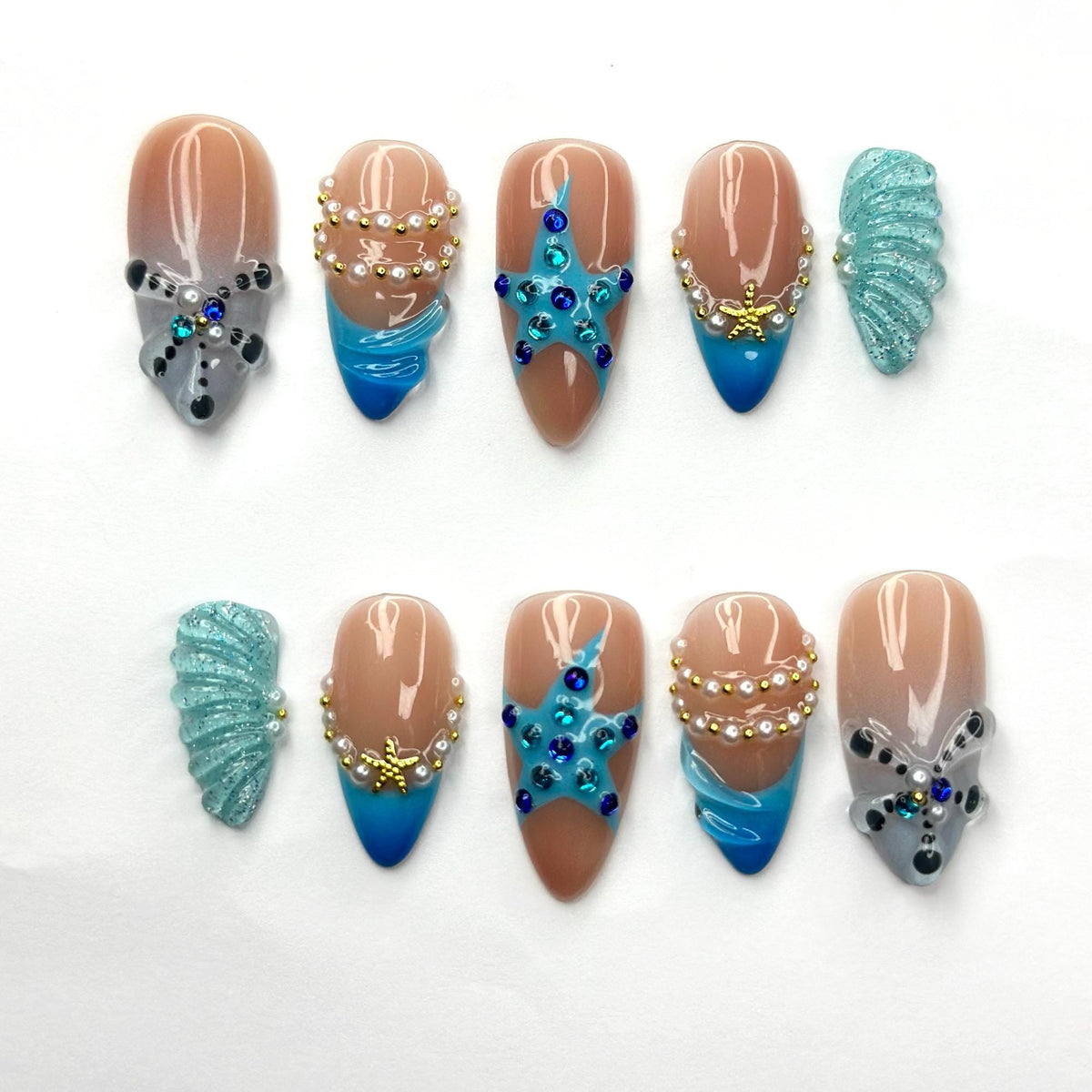 Summer Beach Press On Nails Almond • Vacation Holiday Nails • 3D Blue Starfish Pearl Seashell Tropical Ocean Handmade Fake Nails| JB422LC