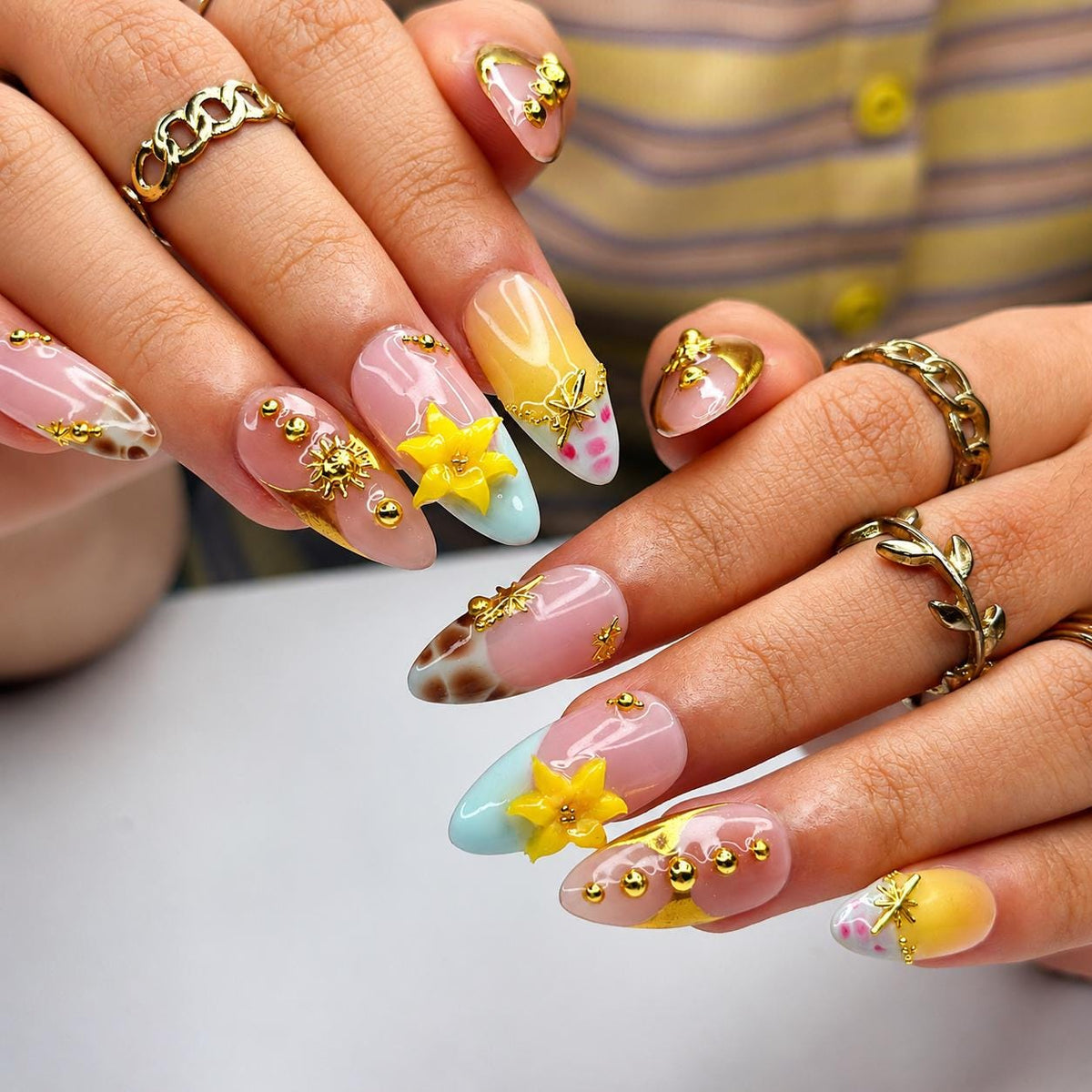 Summer Flower Press On Nails | Tropical Beach Nails, 3D Lily Nail Art, Gold Accent Handmade Nails for Vacation | JB434LG
