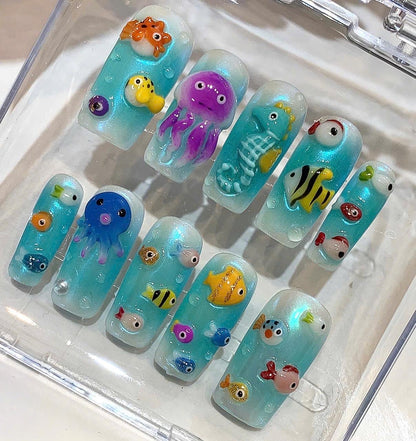 Ocean Themed Press On Nails, 3D Sea Creatures, Mermaid Beach Summer Set