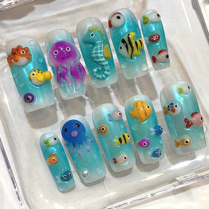 Ocean Themed Press On Nails, 3D Sea Creatures, Mermaid Beach Summer Set