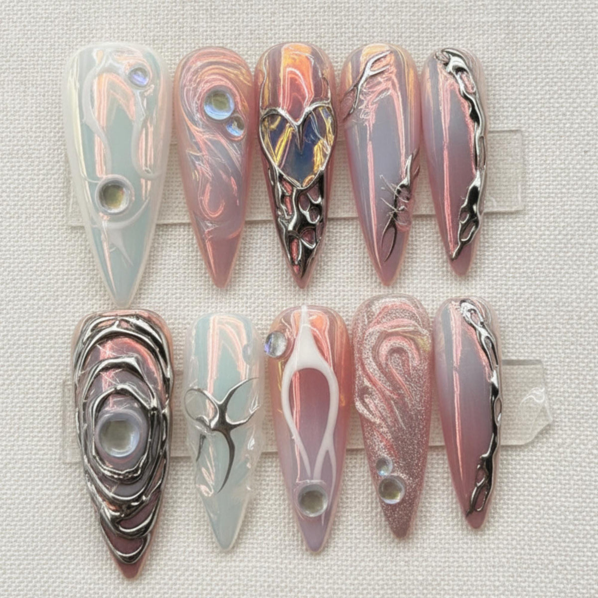 Cyber Chrome Press On Nails, Futuristic Metallic Alien Nail Set