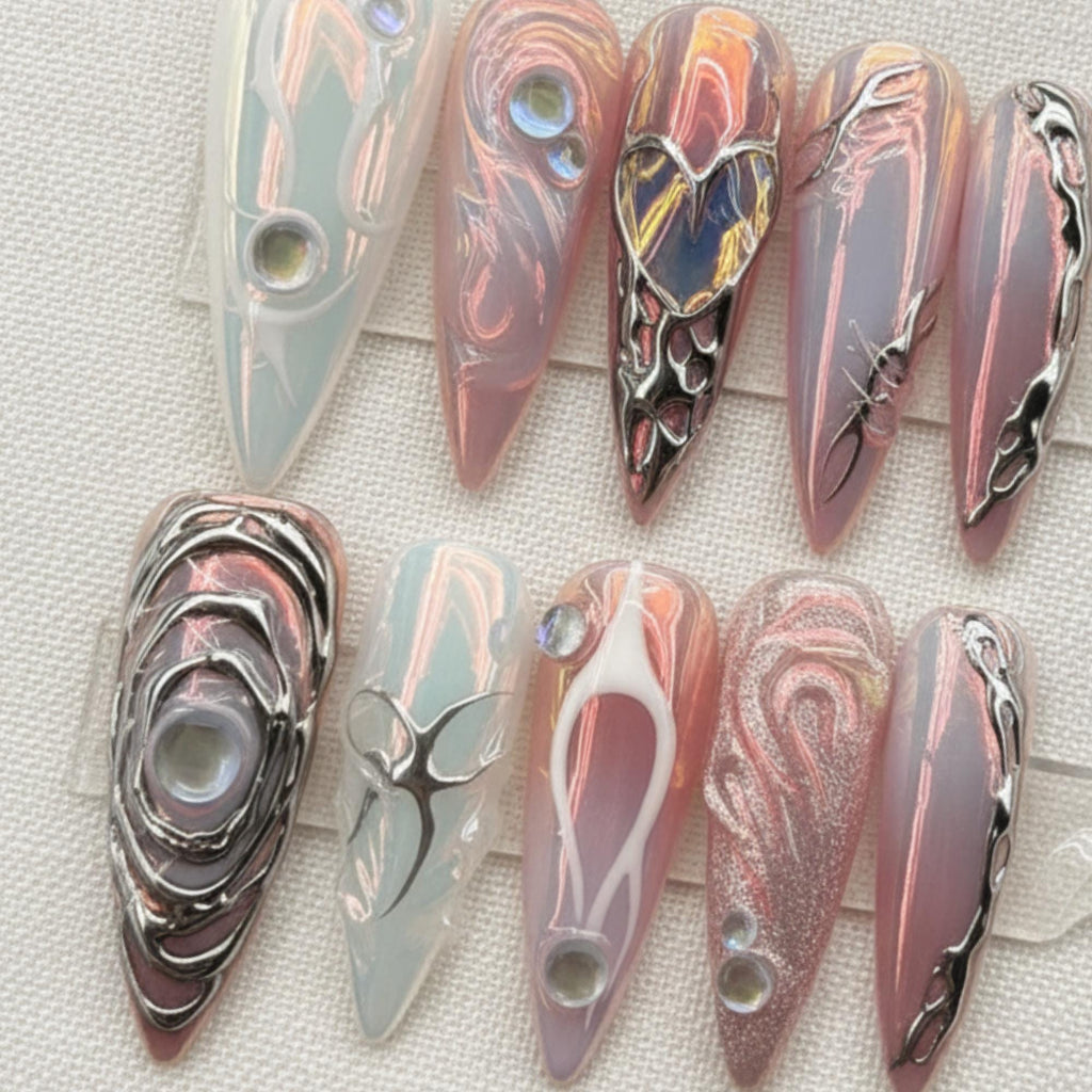 Cyber Chrome Press On Nails, Futuristic Metallic Alien Nail Set