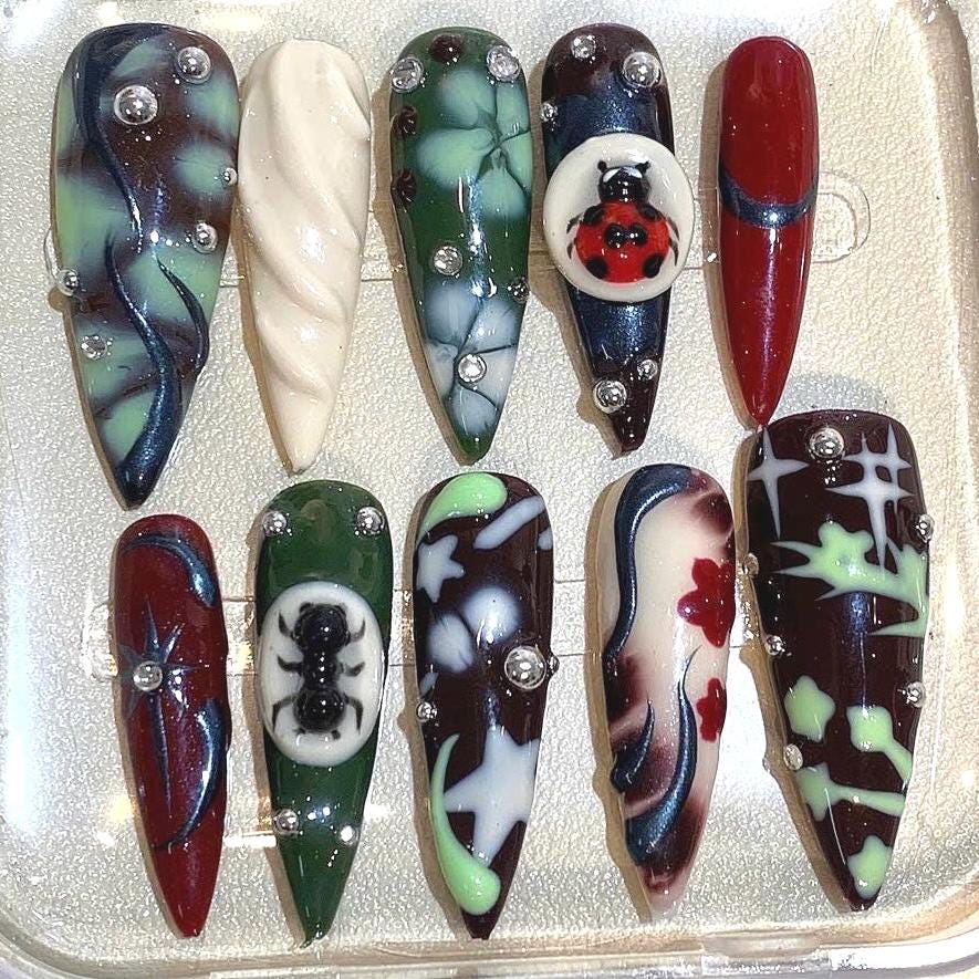 Gothic Ladybug Press On Nails: Dark Forest Bug Nail Art
