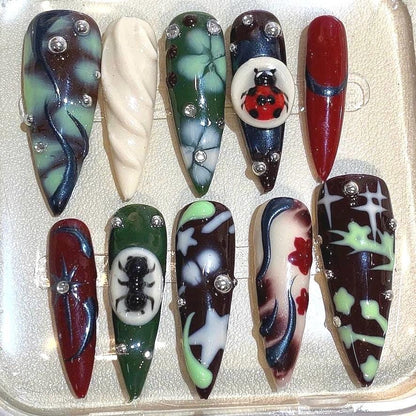 Gothic Ladybug Press On Nails: Dark Forest Bug Nail Art
