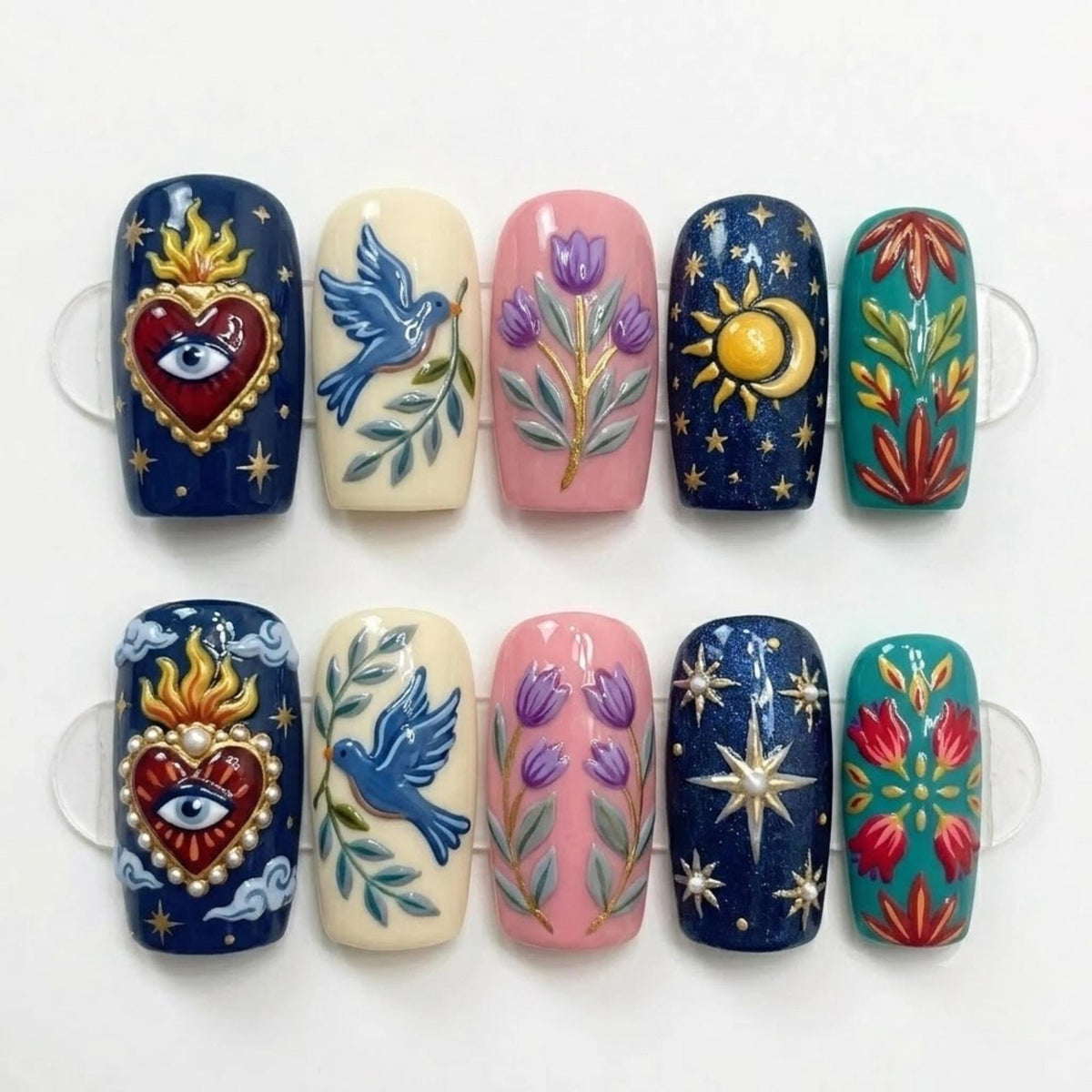 Mexican Folk Art Press On Nails | Sacred Heart, Dove & Celestial Sun Moon Nails | Hand Painted Floral Fake Nails