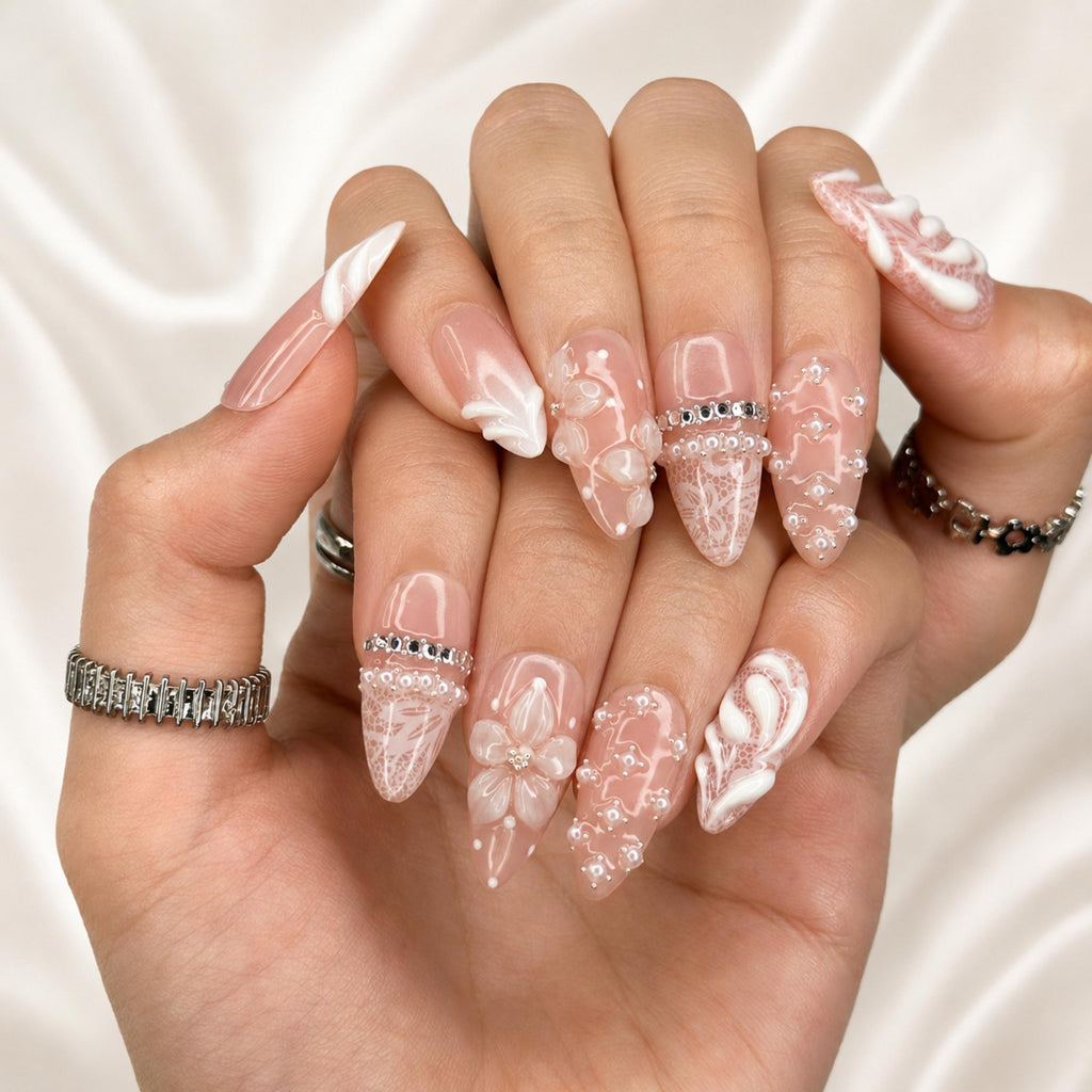 Pink Press On Nails Almond • Bridal Shower Gift Idea • Coquette Pearl Bow 3D Flower Lace Handmade Fake Nails Elegant Style| JB424LK