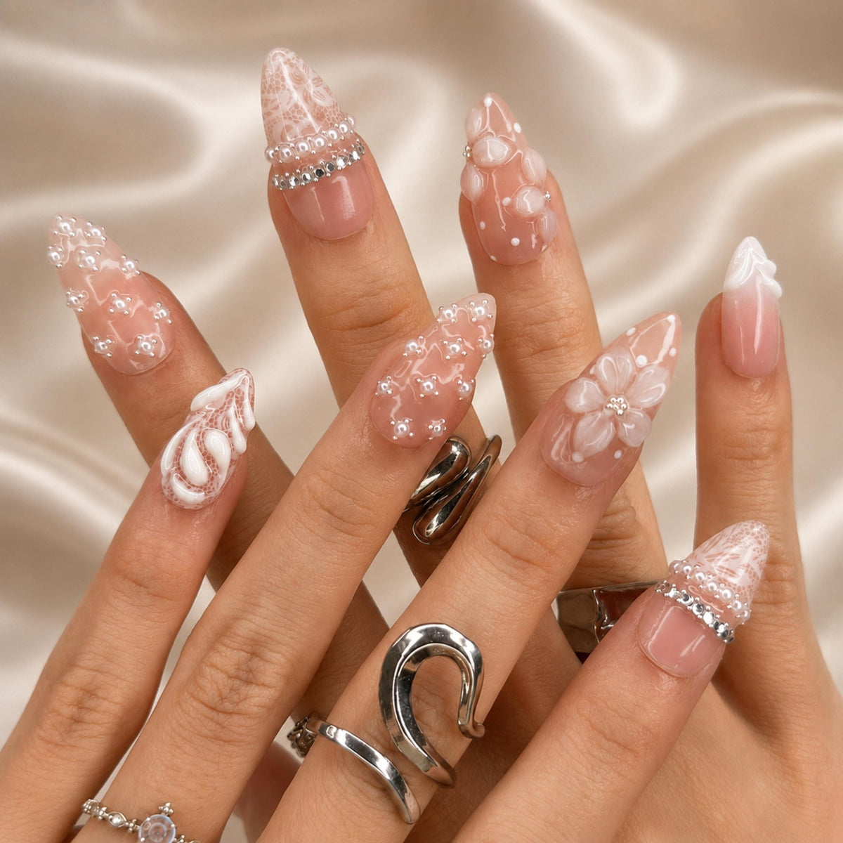 Pink Press On Nails Almond • Bridal Shower Gift Idea • Coquette Pearl Bow 3D Flower Lace Handmade Fake Nails Elegant Style| JB424LK