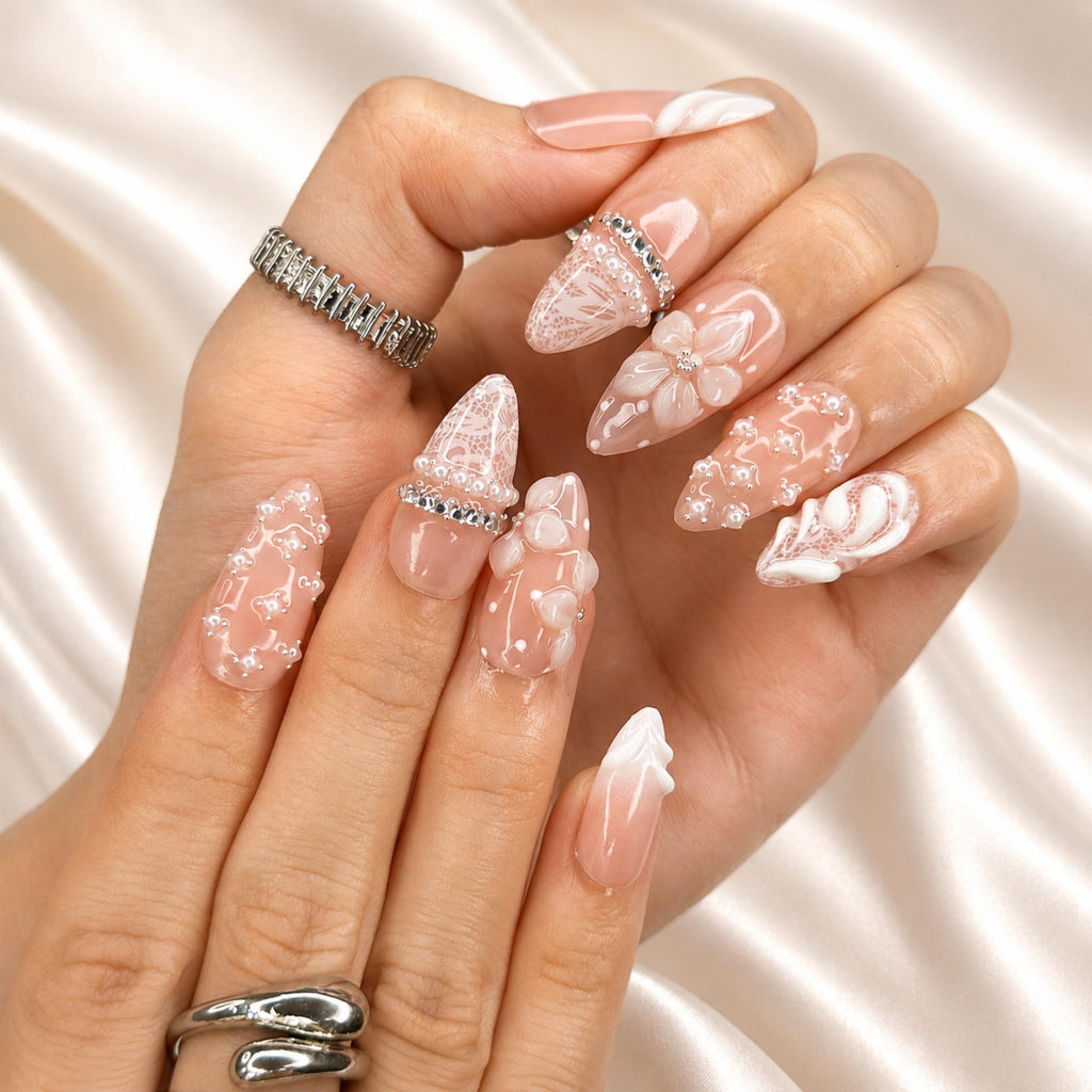 Pink Press On Nails Almond • Bridal Shower Gift Idea • Coquette Pearl Bow 3D Flower Lace Handmade Fake Nails Elegant Style| JB424LK