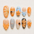 Orange Blue Floral Press On Nails, 3D Butterfly Wings Summer Nail Art