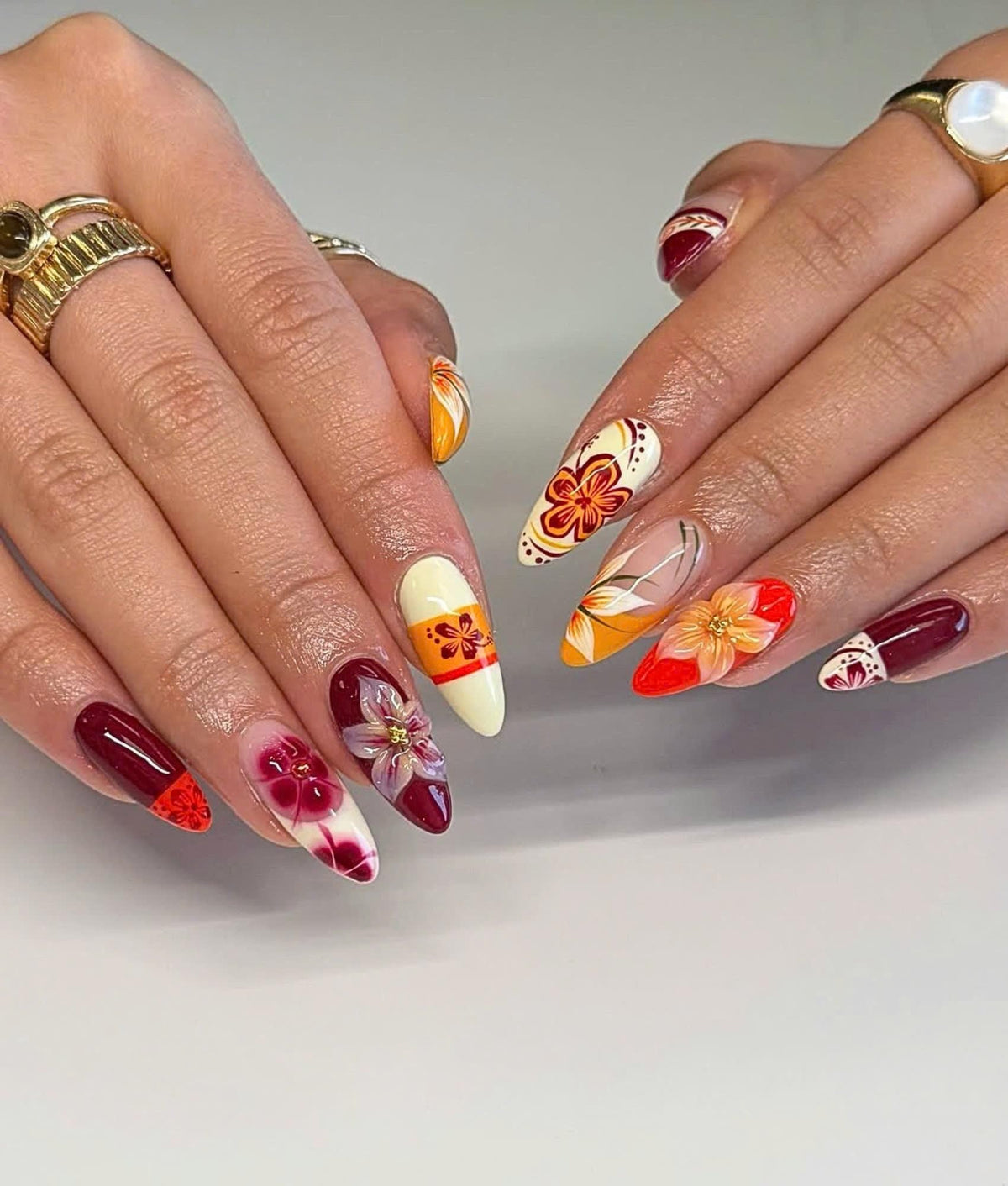Fall Flower Press On Nails Medium Almond, Handmade Gel Burgundy Orange Floral Nail Set