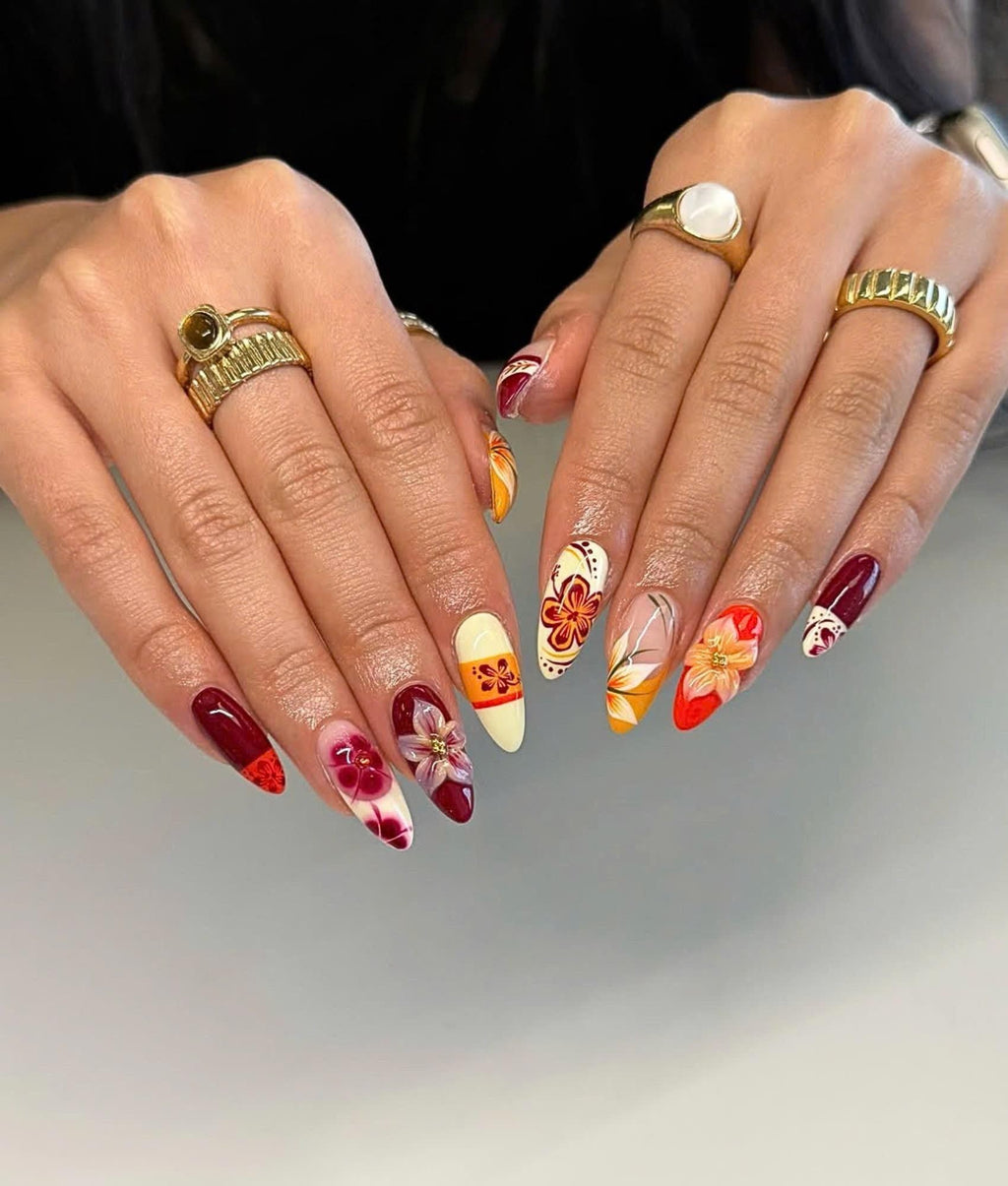 Fall Flower Press On Nails Medium Almond, Handmade Gel Burgundy Orange Floral Nail Set