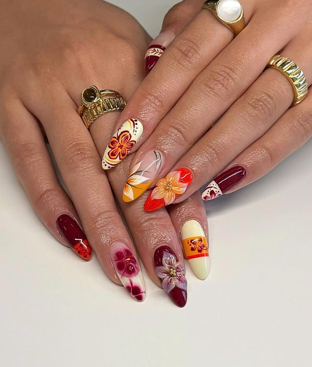 Fall Flower Press On Nails Medium Almond, Handmade Gel Burgundy Orange Floral Nail Set