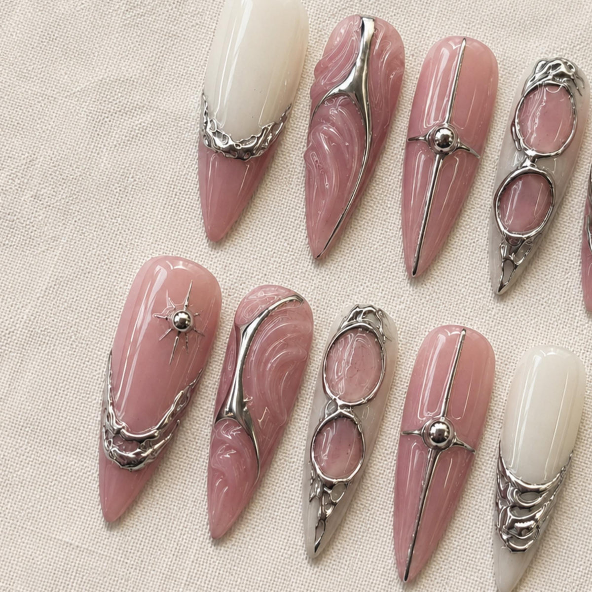 Silver Chrome Press On Nails, Pink Futuristic Cyber Nail Art