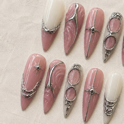 Silver Chrome Press On Nails, Pink Futuristic Cyber Nail Art