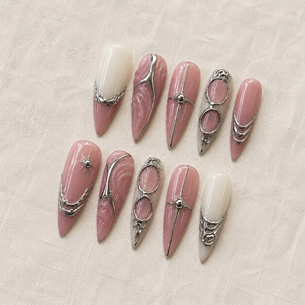 Silver Chrome Press On Nails, Pink Futuristic Cyber Nail Art